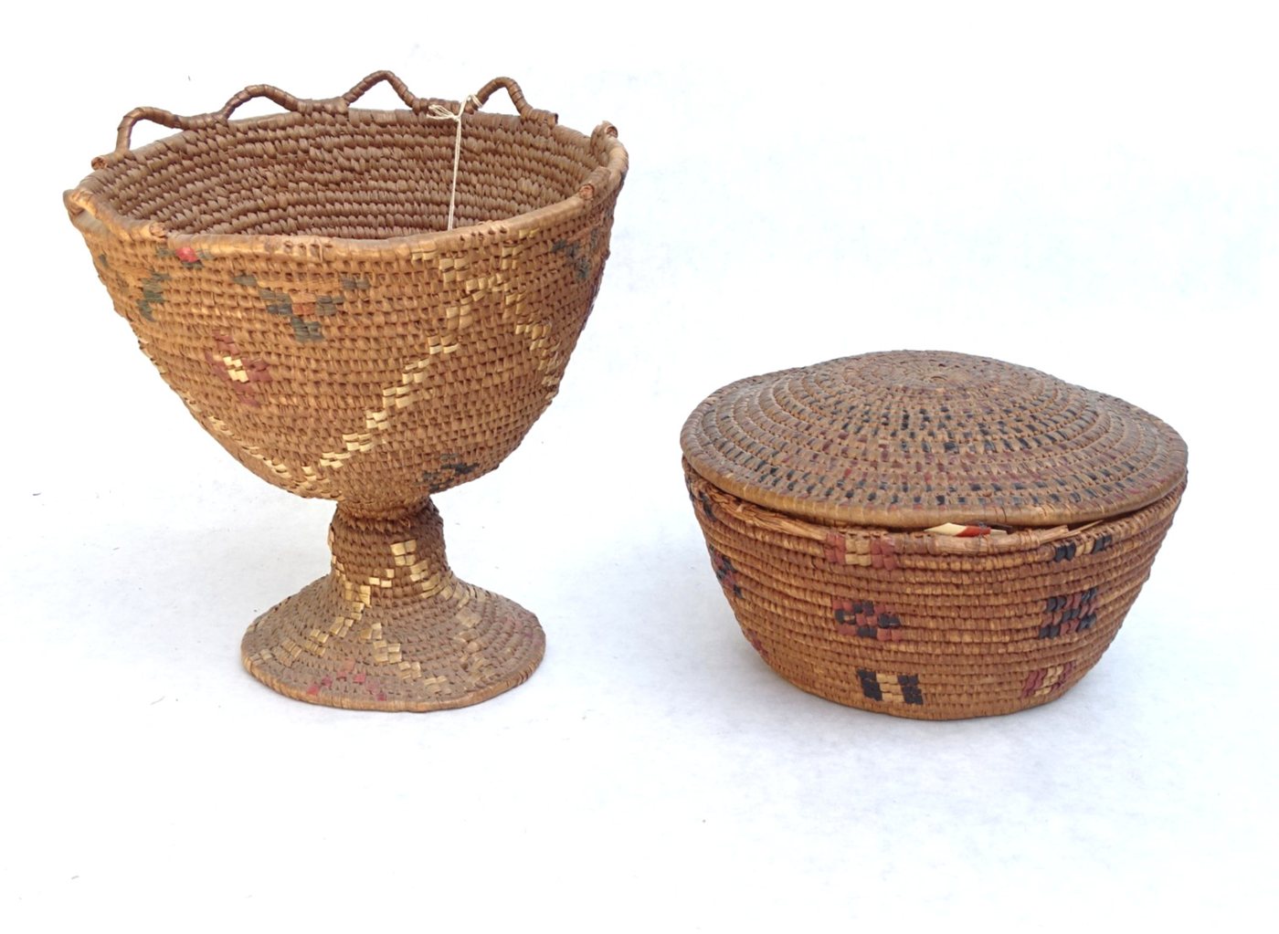 Two Interior Salish imbricated coiled baskets (goblet and lidded)