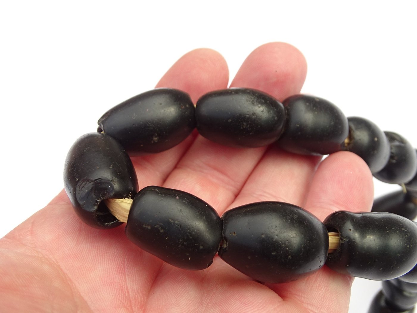 Large black wound glass trade bead necklace