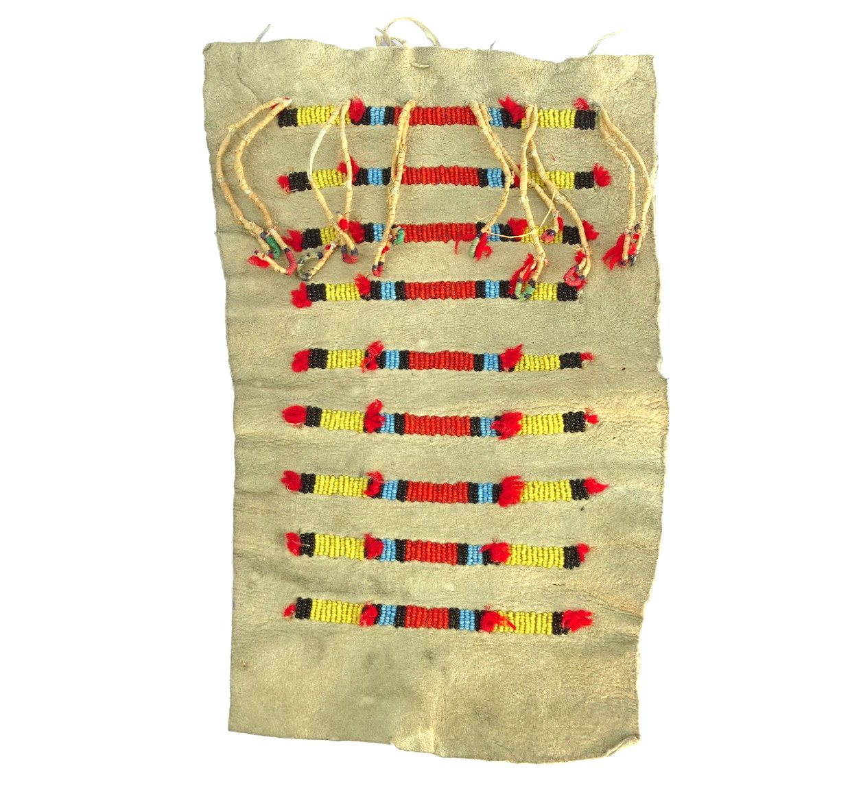 Beaded hide panel with wrapped fringe