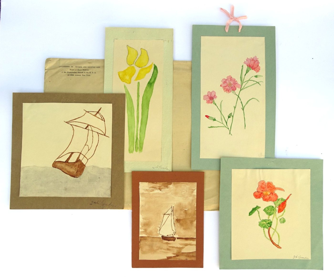 Five mission-school student watercolors with Presbyterian Home Missions mailer