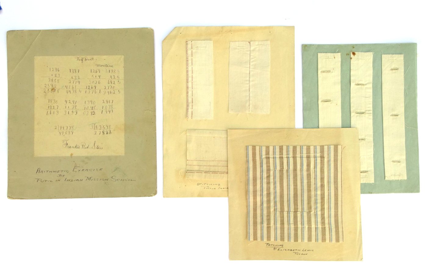 Indian mission school sewing samplers and arithmetic exercise (4 boards)