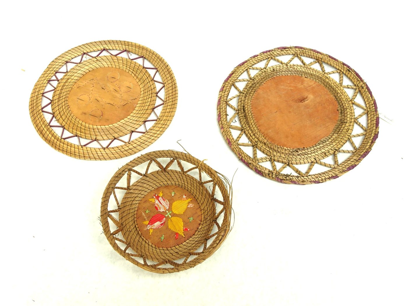Three Great Lakes sweetgrass and birch-bark trays