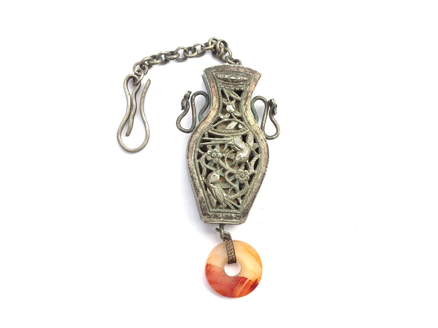 Chinese silver vase-form needle case pendant with agate disc