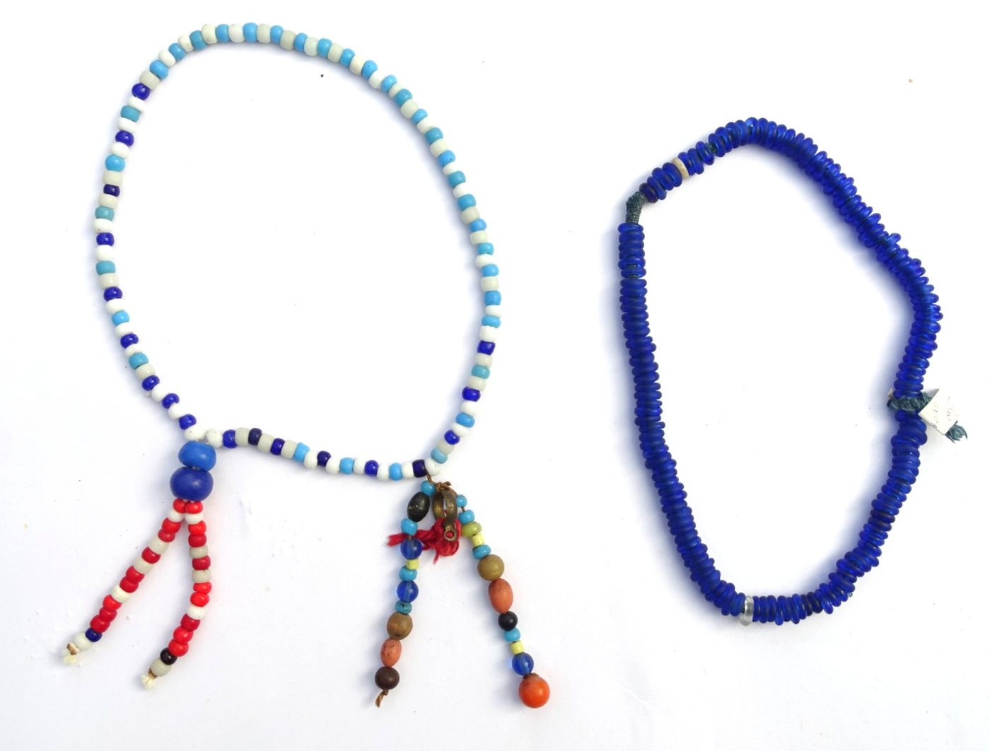 Padre bead tassel necklace and cobalt disc bead strand