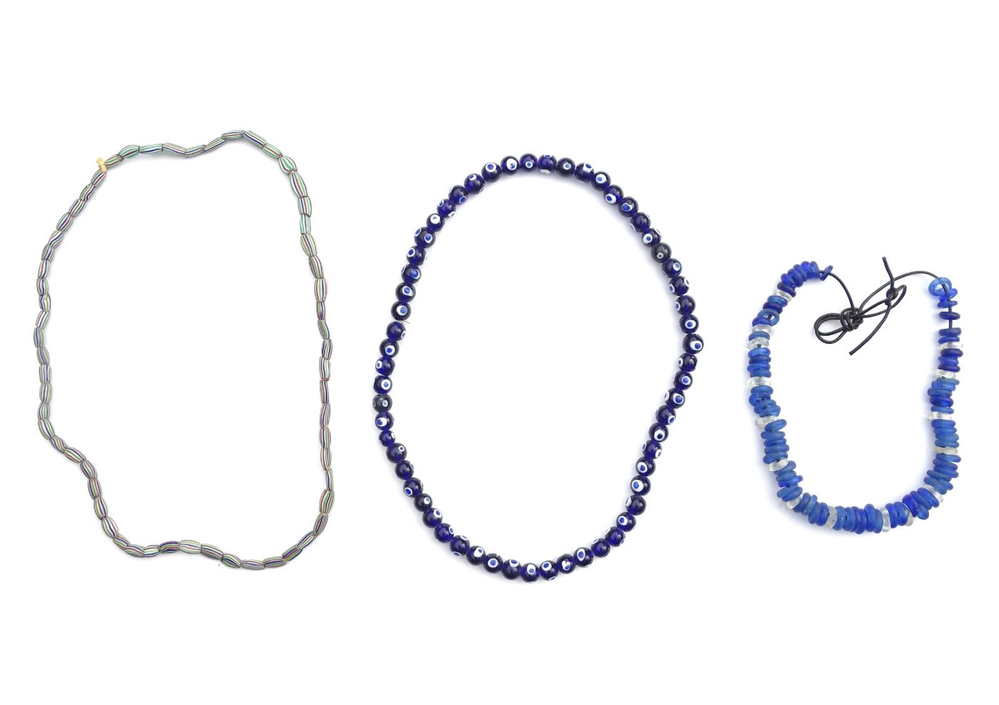 Three glass bead strands — striped, eye and recycled blue
