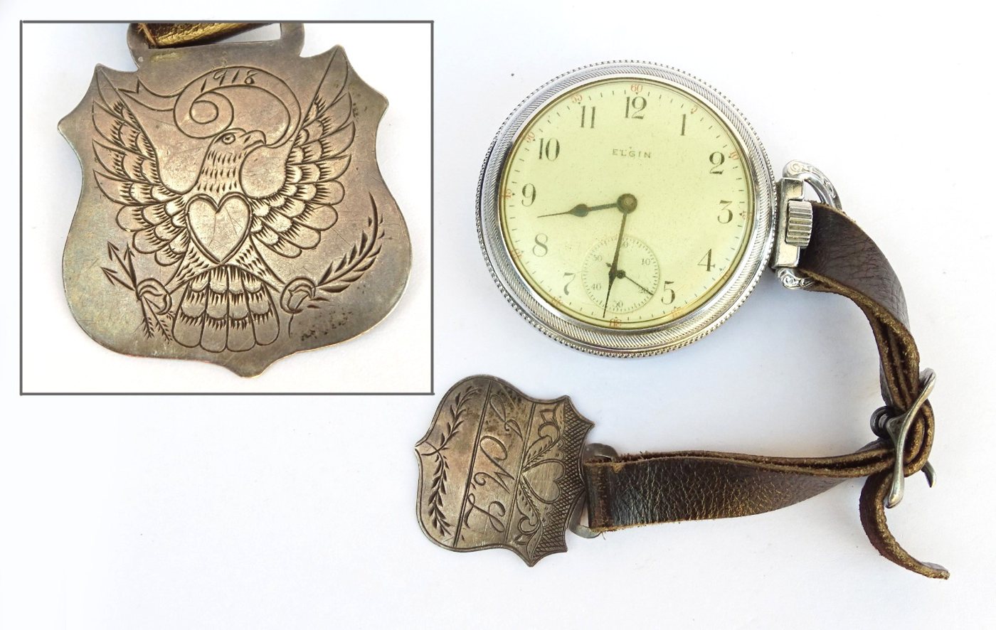Elgin open-face pocket watch with engraved silver eagle fob (1918)